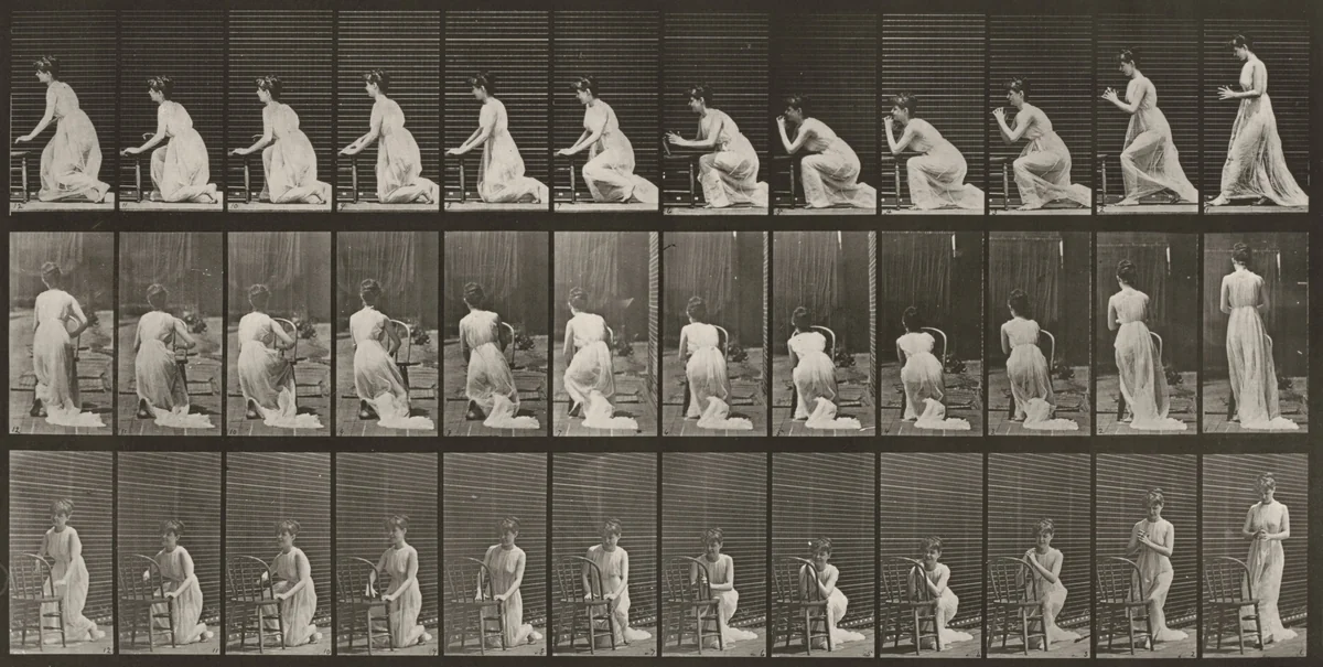 Plate Number 253. Kneeling; elbows on chair and hands clasped by Eadweard Muybridge, photograph, 1887