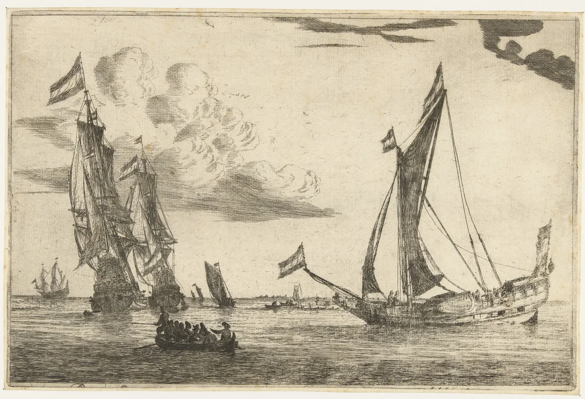 Twee oorlogsschepen en een jacht by Reinier Nooms, print, 1650-1664