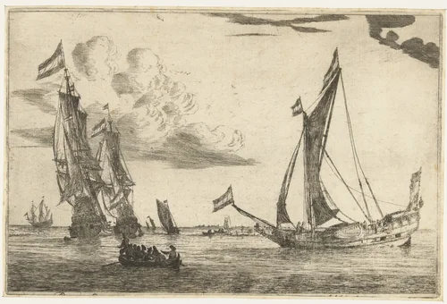 Twee oorlogsschepen en een jacht by Reinier Nooms, print, 1650-1664