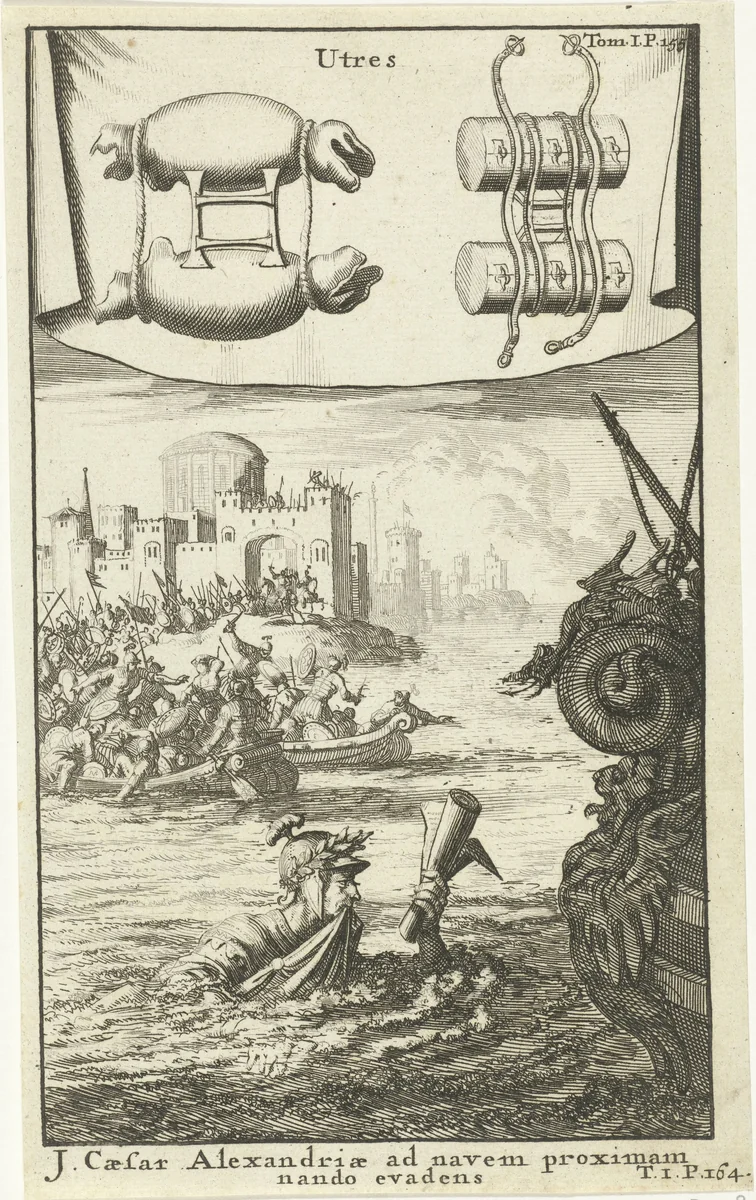 Julius Caesar houdt zwemmend een manuscript boven water by Jan Luyken, print, 1690
