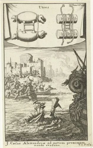 Julius Caesar houdt zwemmend een manuscript boven water by Jan Luyken, print, 1690