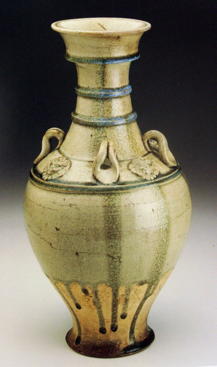 Vase (Hu) with Horizontal Bands, Loop Handles, and Lionlike Medallions by China, ceramic, 581-618