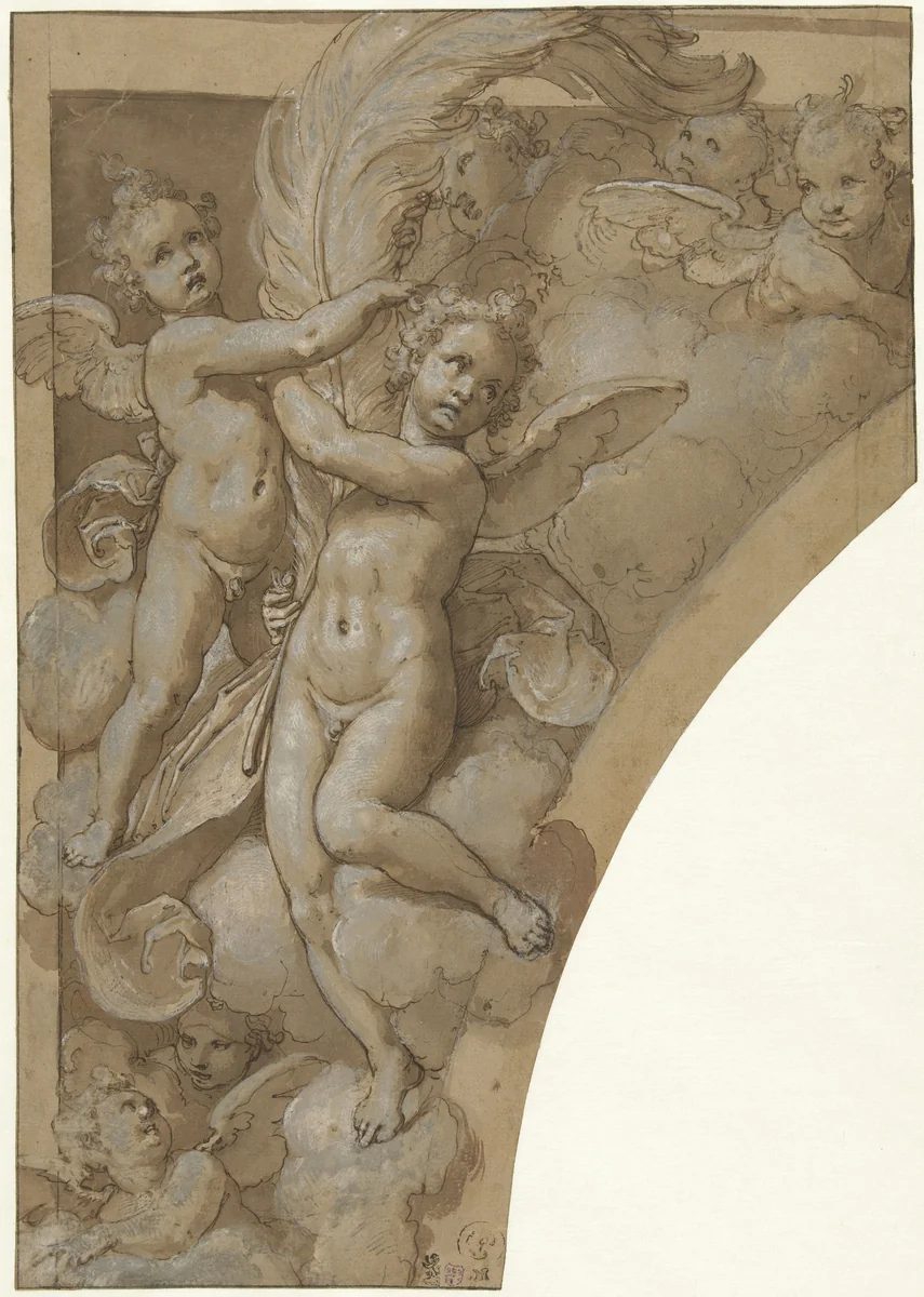 Flight of Angels, Two Holding a Large Feather by Taddeo Zuccaro, drawing, 1556-1558