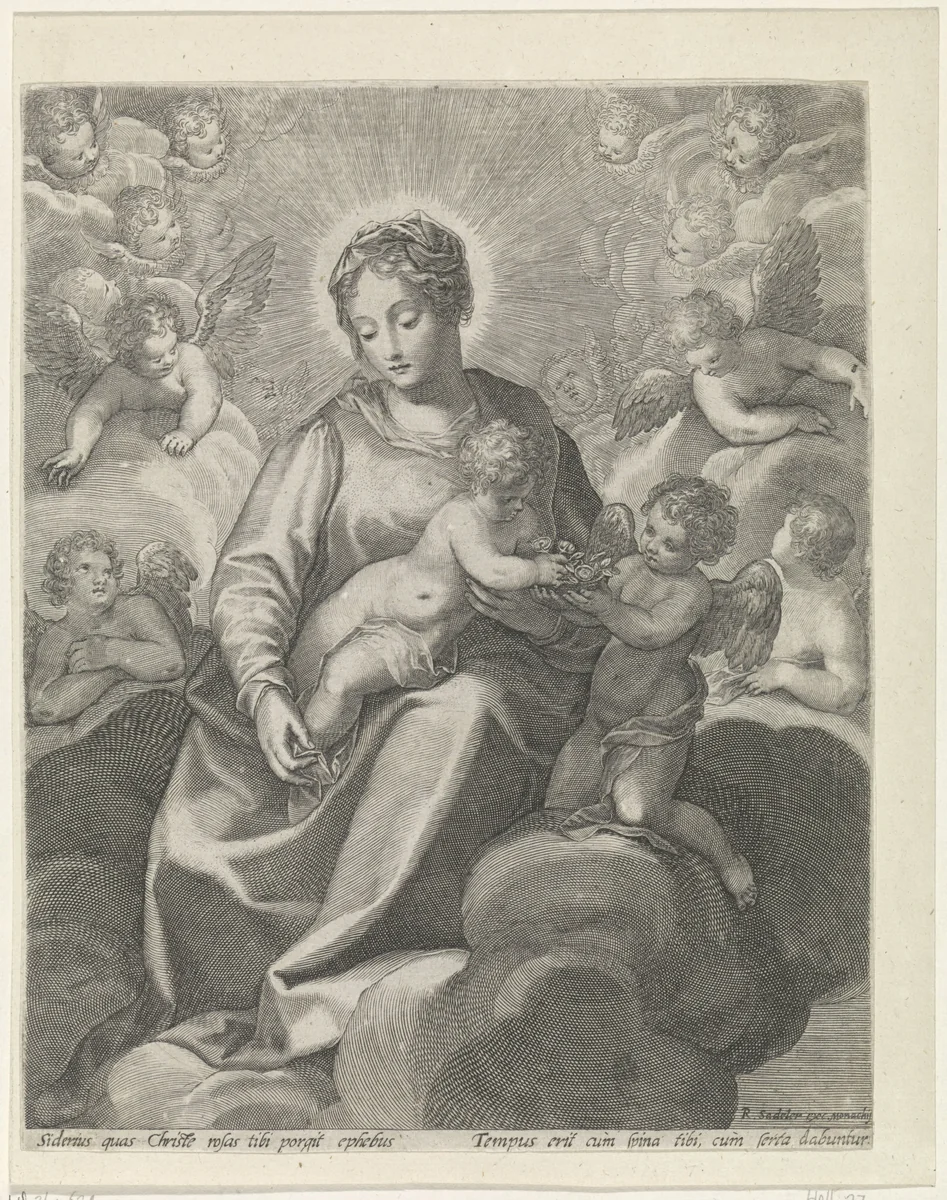 Maria met het Christuskind in de wolken by Unknown, print, 1593-1632