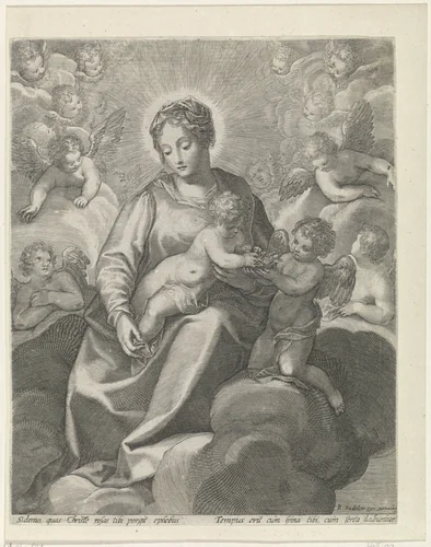 Maria met het Christuskind in de wolken by Unknown, print, 1593-1632