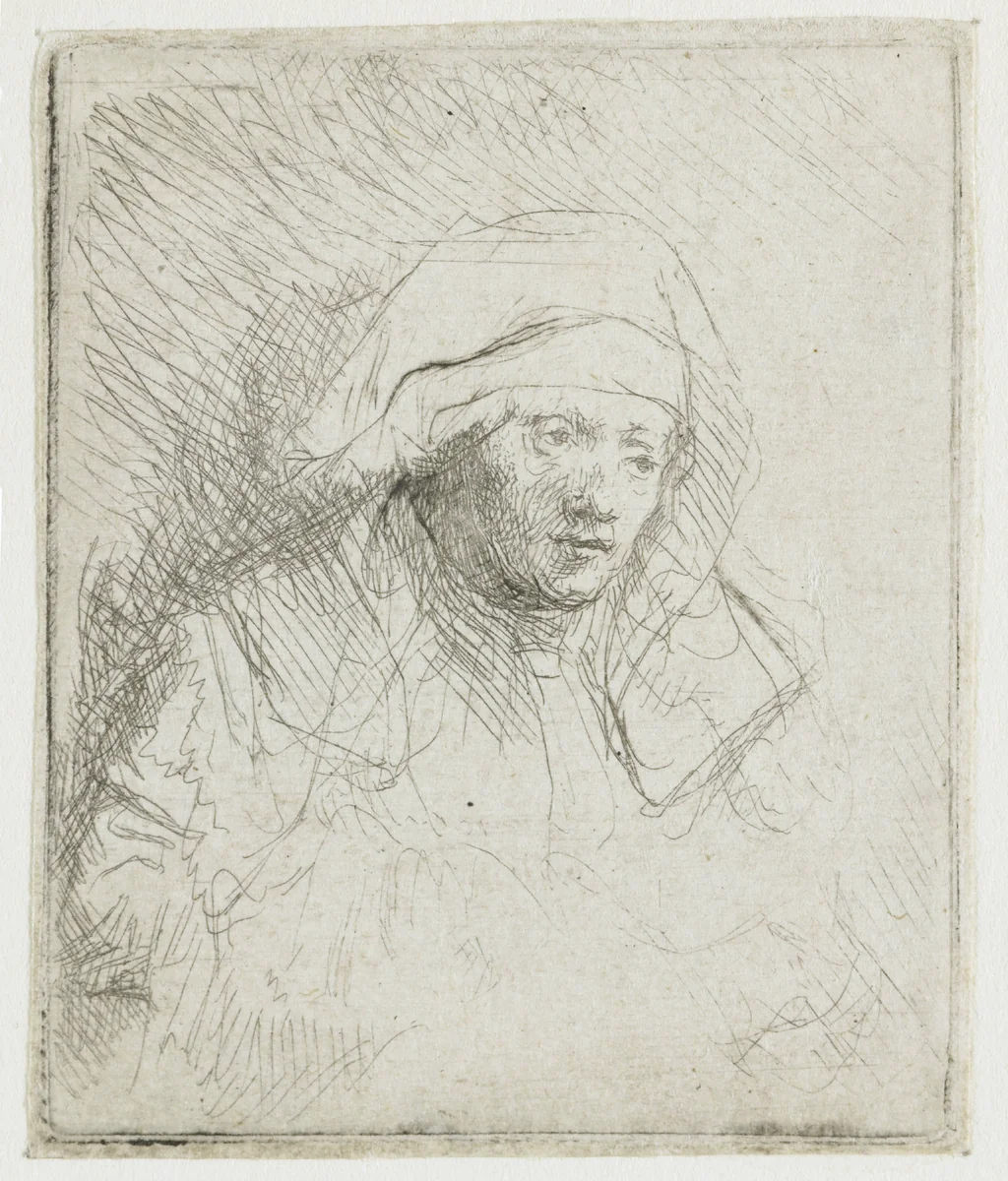 Sick woman with a large white headdress (Saskia) by Rembrandt van Rijn, print, 1645