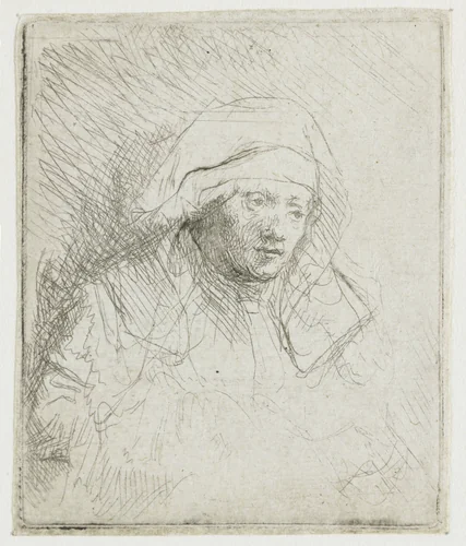 Sick woman with a large white headdress (Saskia) by Rembrandt van Rijn, print, 1645