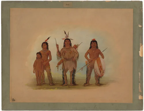 Spokan Chief, Two Warriors, and a Boy by George Catlin, painting, 1855-1869