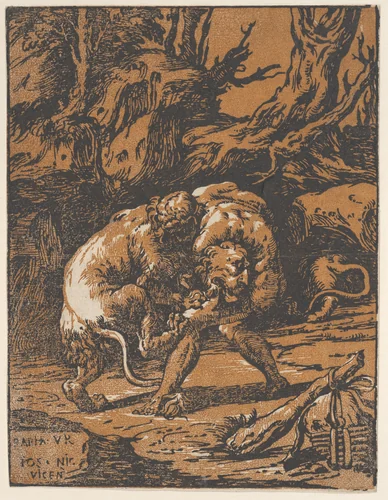 Hercules and the Nemean Lion by Niccolò Vicentino, print, 1540-1550