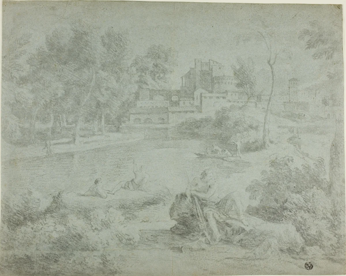 Italianate Landscape with Bathers by Richard Wilson or Gaspard Dughet or John William Taverner, drawing, 1734-1782