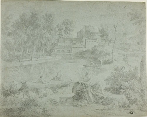 Italianate Landscape with Bathers by Richard Wilson or Gaspard Dughet or John William Taverner, drawing, 1734-1782