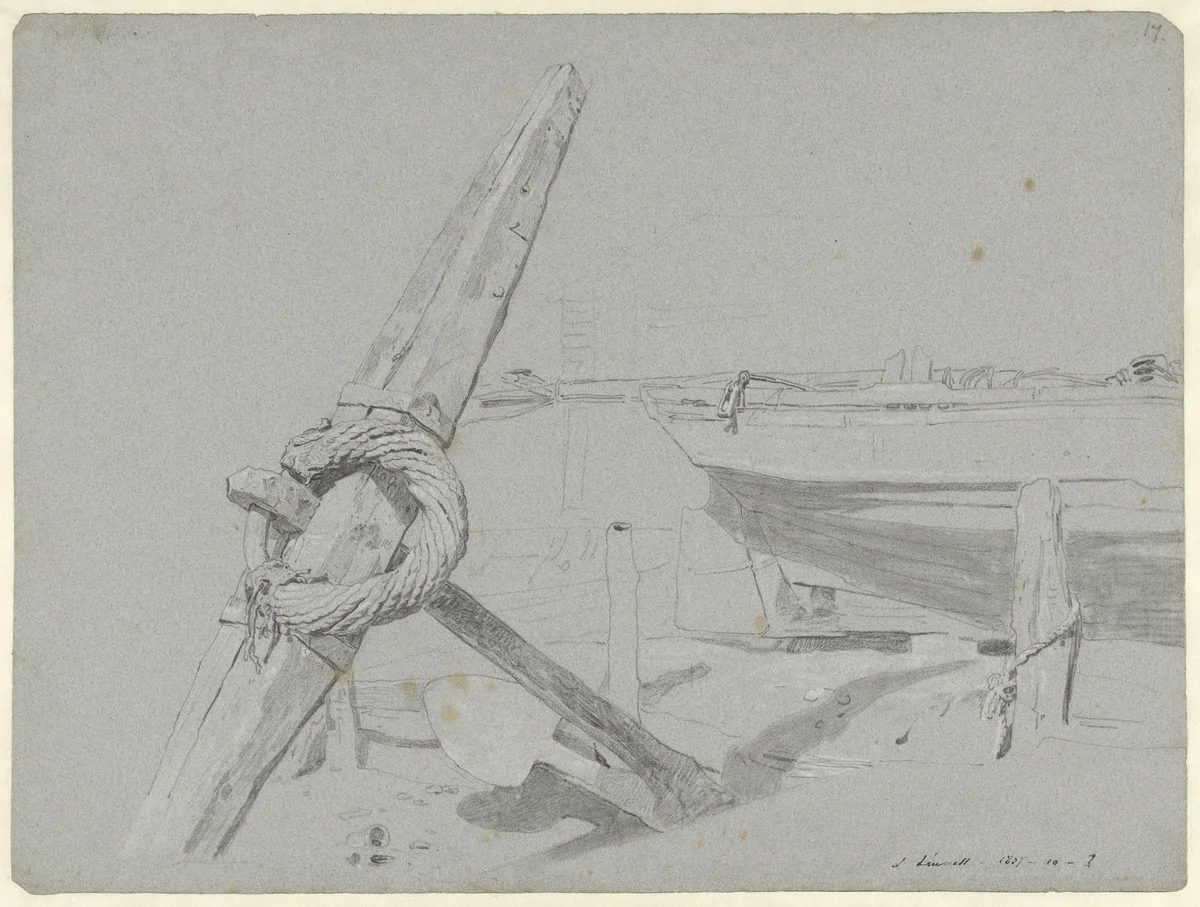Anker en een gedeelte van een schip bij laag tij by John Linnell, drawing, 1807