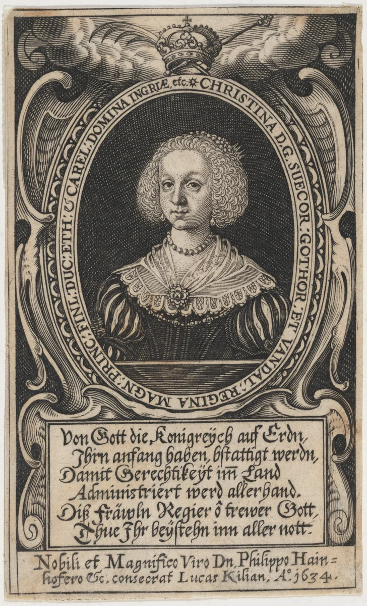 Queen Christina by Lucas Kilian, print, 1634