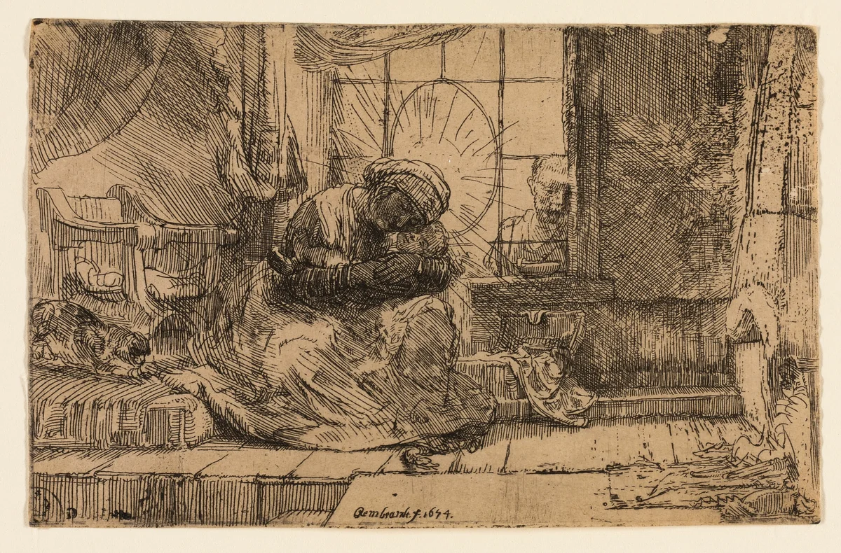 The Virgin and Child with the Cat and the Snake by Rembrandt van Rijn, print, 1654