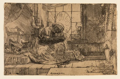 The Virgin and Child with the Cat and the Snake by Rembrandt van Rijn, print, 1654