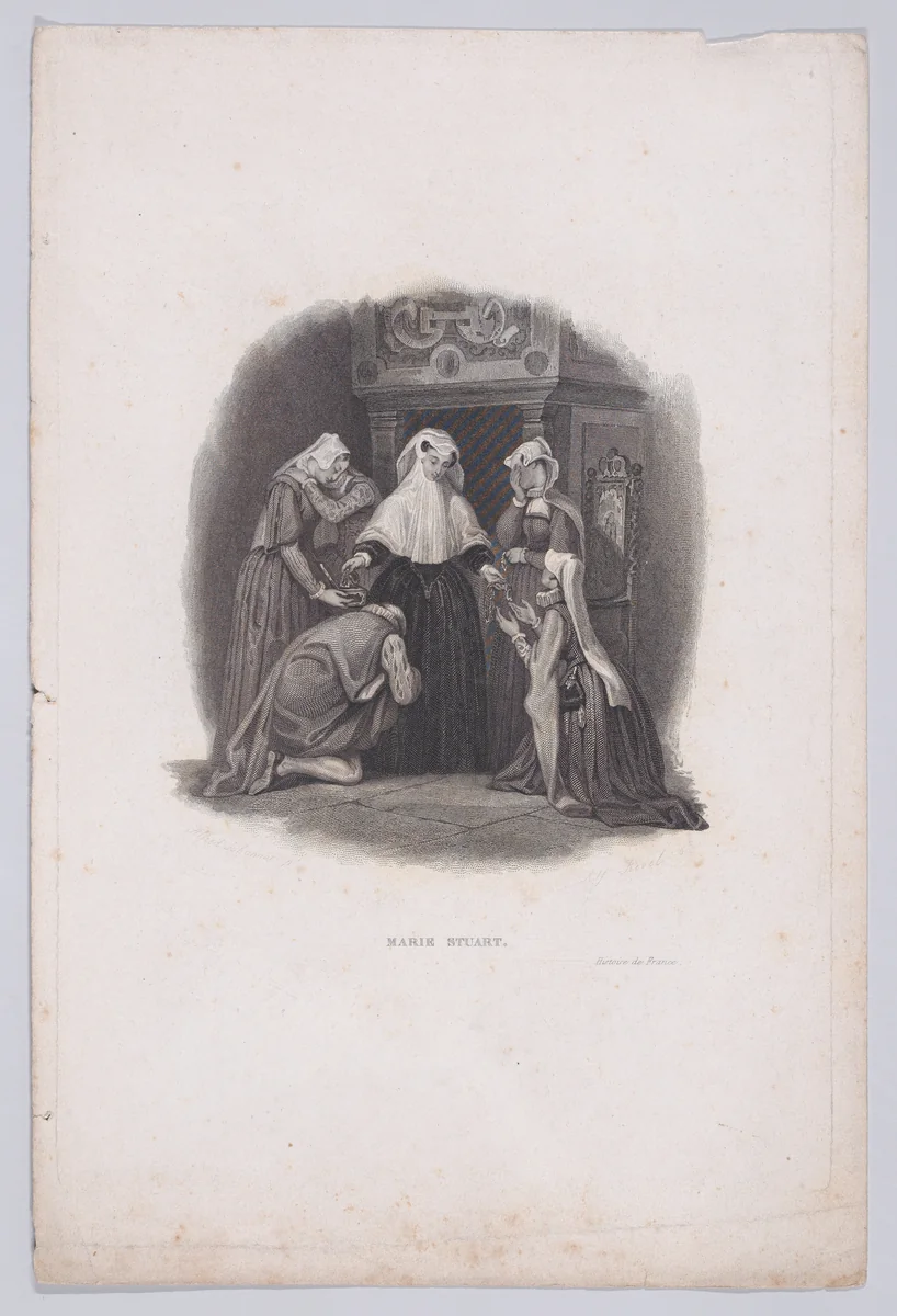 Mary, Queen of Scots distributing her possessions to her friends before her death (from "Histoire de France") by Alfred Revel, print, 1831-1865