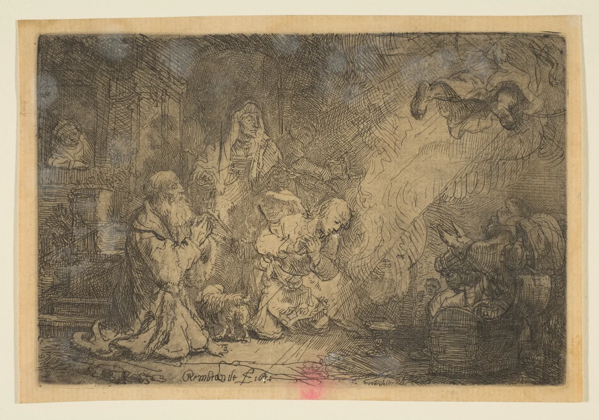 The Angel Departing from the Family of Tobias by Rembrandt van Rijn, print, 1641