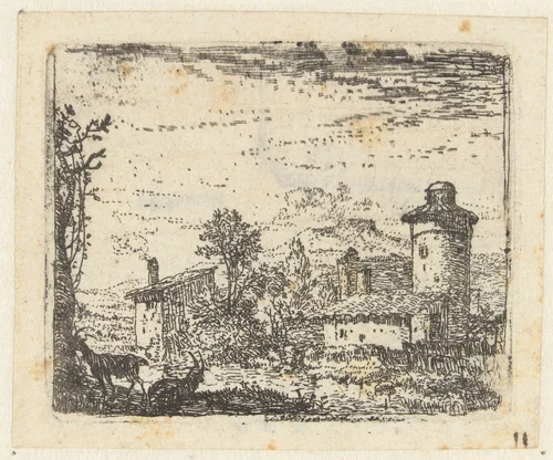 Italianiserend landschap met ronde toren en twee geiten by Karel du Jardin, print, 1652-1659