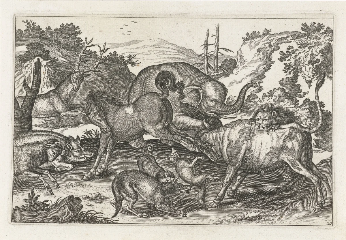 Vechtende dieren by anonymous, print, 1628-1679