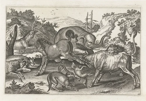 Vechtende dieren by anonymous, print, 1628-1679