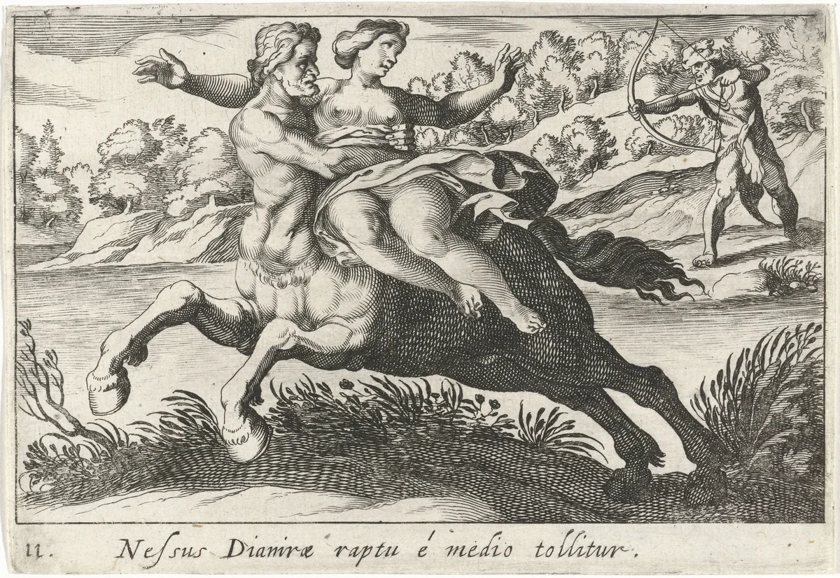 Nessus probeert Deïanira te schaken by Simon Frisius, print, 1610-1664