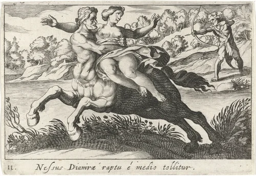 Nessus probeert Deïanira te schaken by Simon Frisius, print, 1610-1664