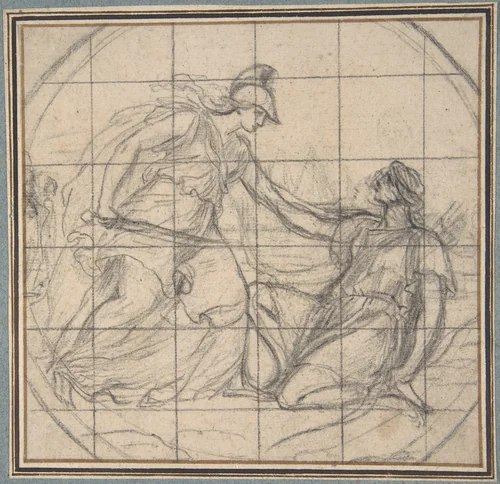 Design for a Medallion: Huntress Kneeling before an Armed Goddess by Eustache Le Sueur, drawing, 1625-1655