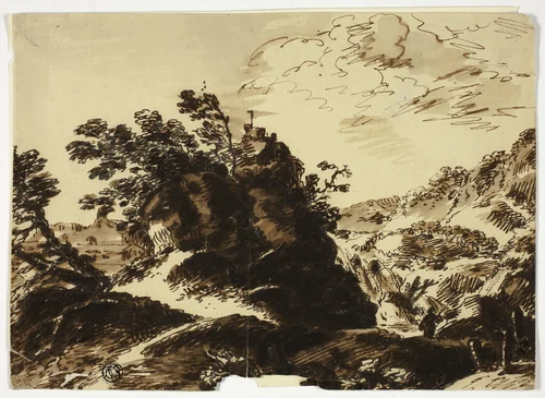 Hilly Landscape with Figure in Foreground by Unknown Artist, drawing, 1600-1699