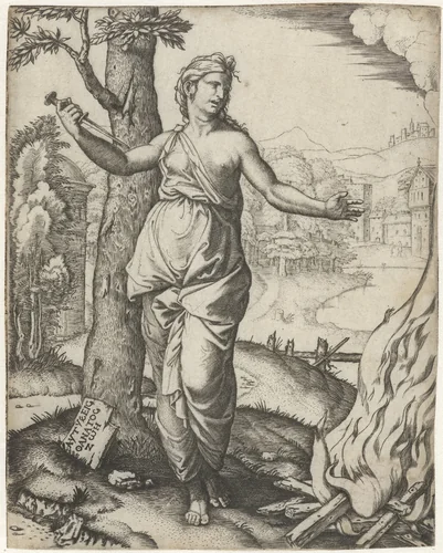 Dido doodt zichzelf met dolk naast brandstapel by Marcantonio Raimondi, print, 1508-1512
