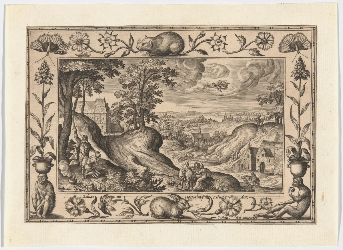 Abraham's Sacrifice of Isaac, from Landscapes with Old and New Testament Scenes and Hunting Scenes by Adriaen Collaert, print, 1584