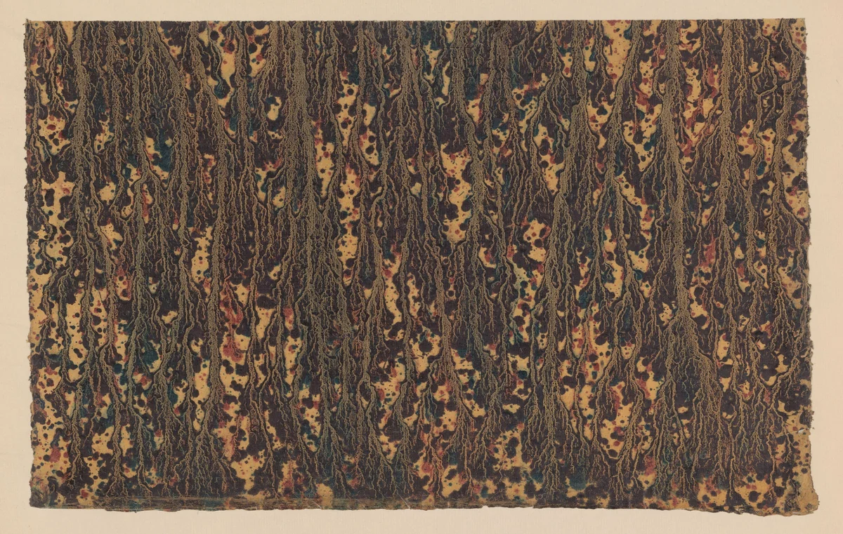 Stroommarmer in zwart, rood en blauw op geelbruin papier by anonymous, other, 1850-1917