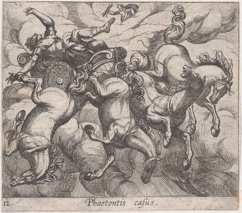 Plate 12: The Death of Phaeton (Phaetonis casus.), from Ovid's Metamorphoses by Antonio Tempesta, print, 1606