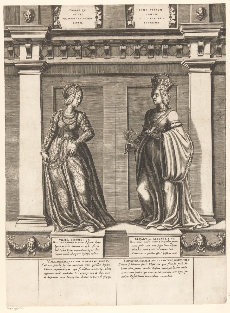 Dubbelportret van Virida Visconti en Elisabeth van Karinthië by Gaspare Oselli, print, 1569