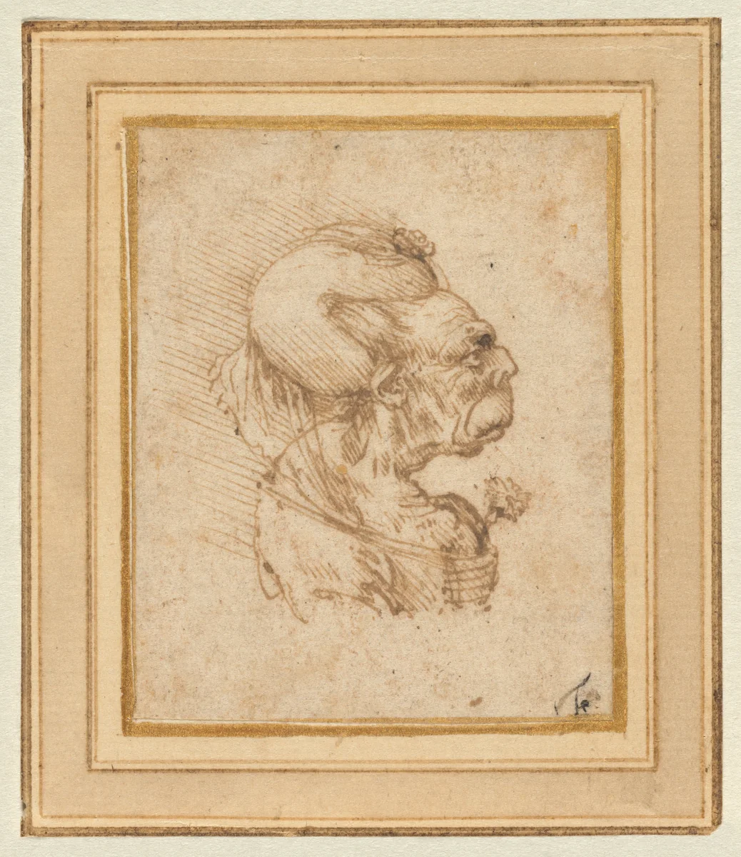 Grotesque Head of an Old Woman by Leonardo da Vinci, drawing, 1489-1490