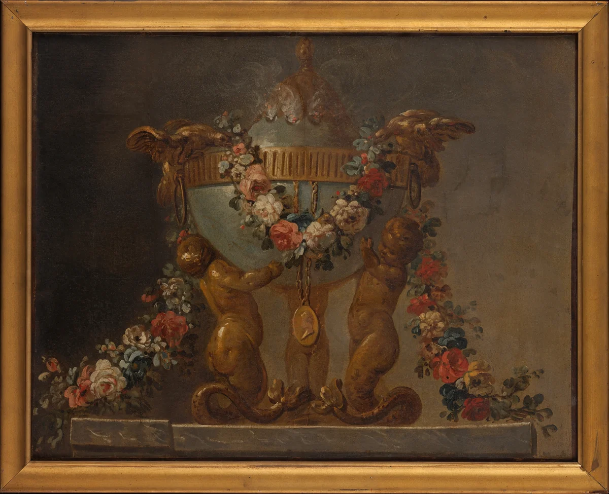 Perfume-burner supported by baby tritons and garlanded with flowers by French Painter, painting, 1700-1799