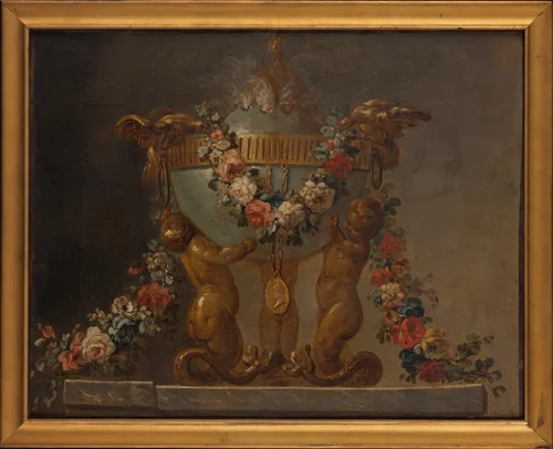 Perfume-burner supported by baby tritons and garlanded with flowers by French Painter, painting, 1700-1799