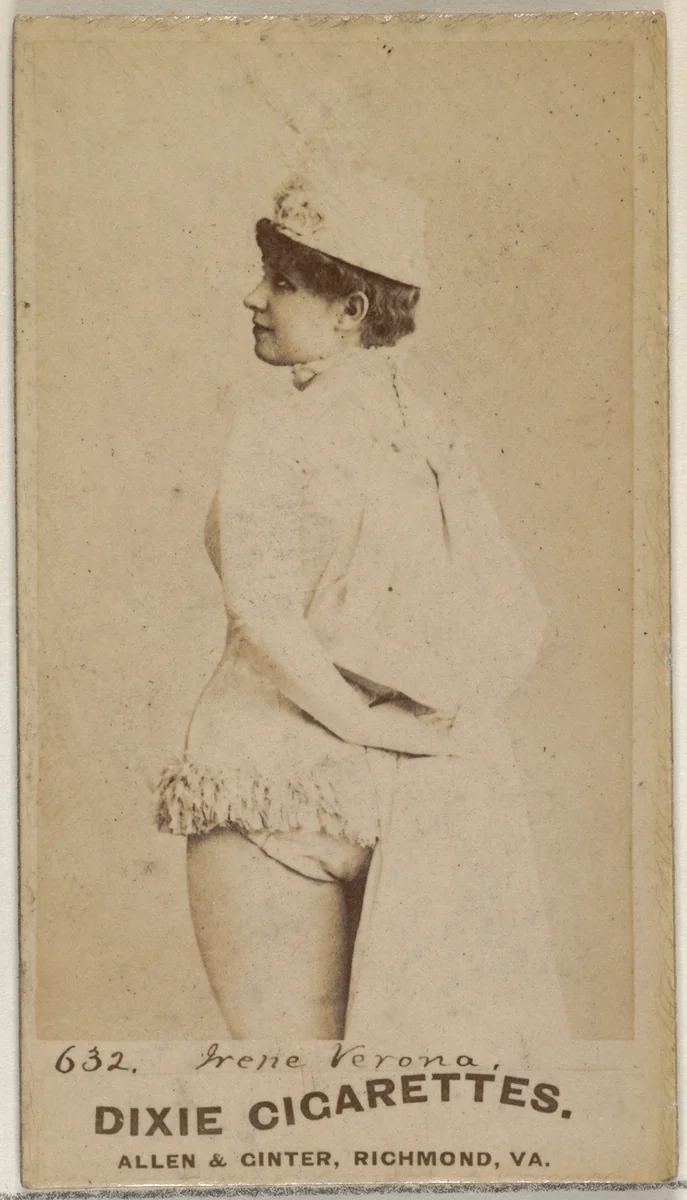 Card 632, Irene Verona, from the Actors and Actresses series (N45, Type 7) for Dixie Cigarettes by Allen & Ginter, photograph, 1885-1891