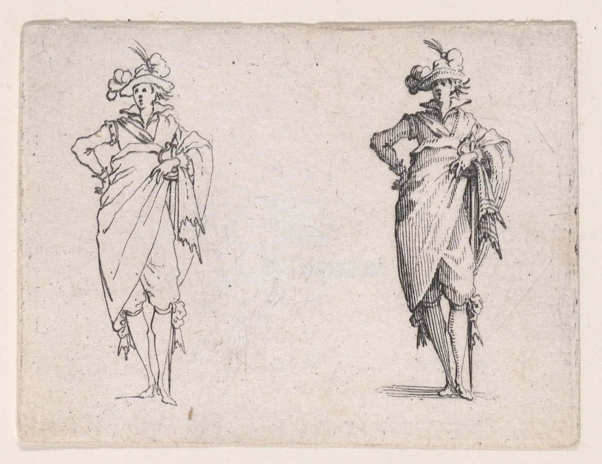 Le Gentilhomme de Face, La Main Droite Sur la Hanche (Gentleman Facing Foward, his Right Hand on his Hip), from Les Caprices Series A, The Florence Set by Jacques Callot, print, 1617