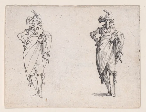 Le Gentilhomme de Face, La Main Droite Sur la Hanche (Gentleman Facing Foward, his Right Hand on his Hip), from Les Caprices Series A, The Florence Set by Jacques Callot, print, 1617