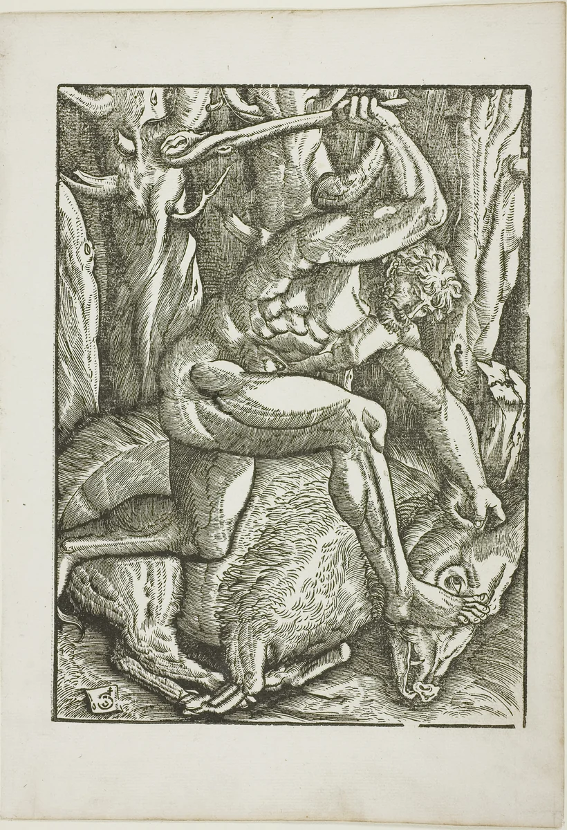 The Labors of Hercules: Hercules Subduing the Erymanthian Boar by Gabriel Salmon, print, 1523-1533