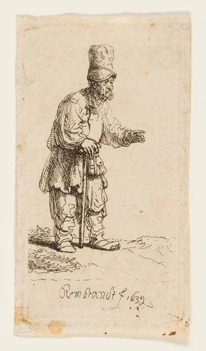 Peasant in a High Cap, Standing Leaning on a Stick by Rembrandt van Rijn, print, 1639