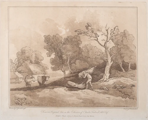 Landscape with a Figure Carrying a Bundle of Branches, a Copice Behind, Two Cows in a Field at Left by Thomas Rowlandson, print, 1789
