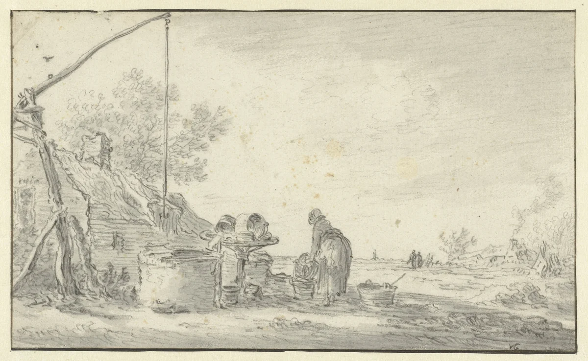 Vrouw bij een waterput by Jan van Goyen, drawing, 1635-1645