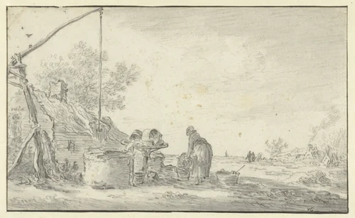 Vrouw bij een waterput by Jan van Goyen, drawing, 1635-1645