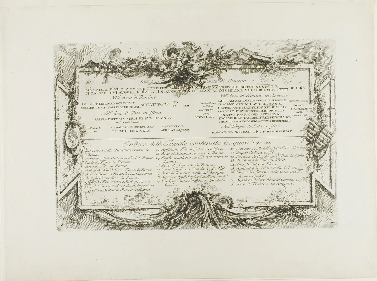 Transription of Ancient Latin Inscriptions and Index, from Some Views of Triumphal Arches and other monuments by Giovanni Battista Piranesi, print, 1748