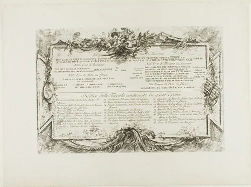 Transription of Ancient Latin Inscriptions and Index, from Some Views of Triumphal Arches and other monuments by Giovanni Battista Piranesi, print, 1748