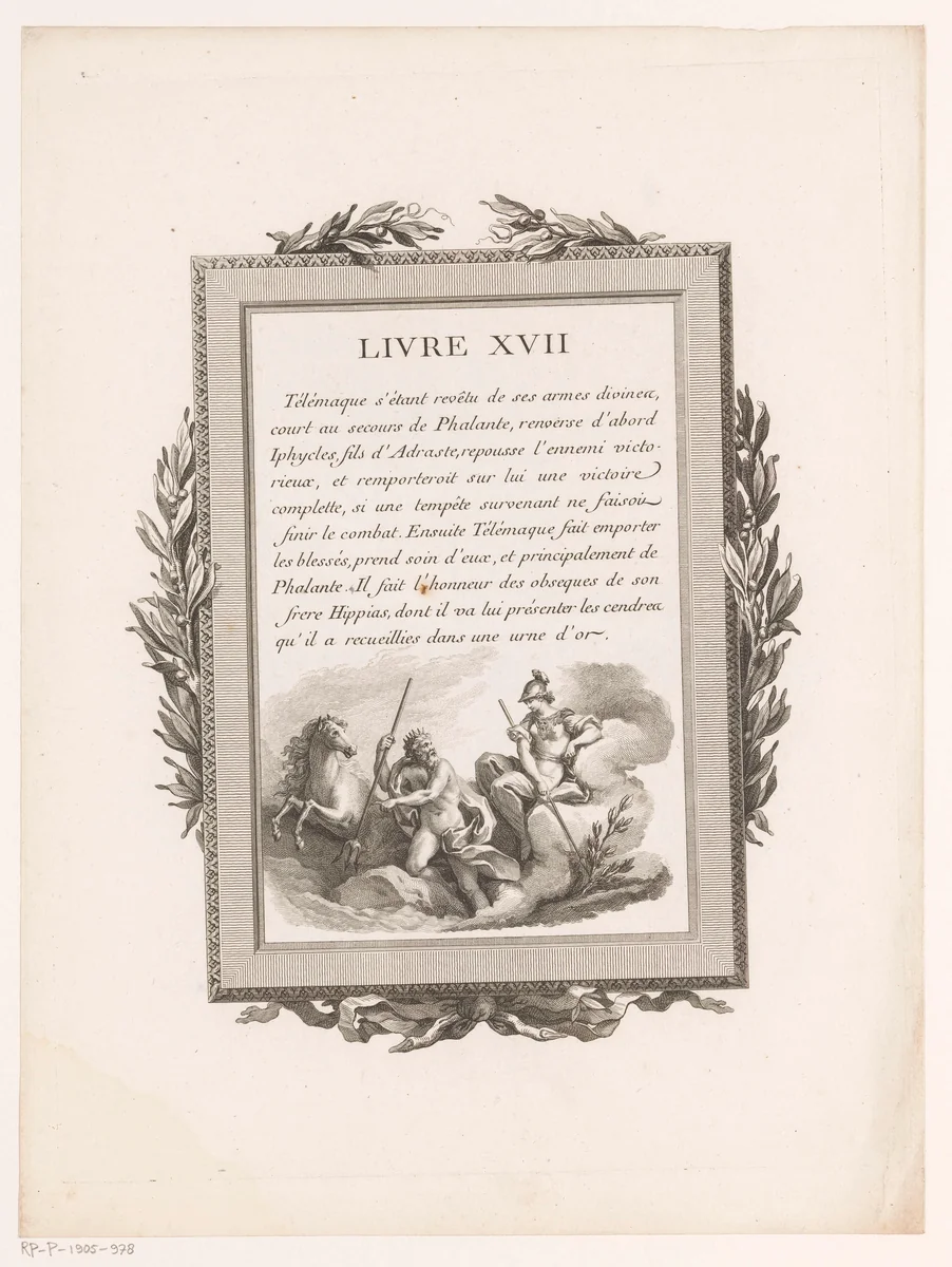 Omkaderde Franse tekst met olijftakken en Poseidon en Athena by Jean-Baptiste Tilliard, print, 1785