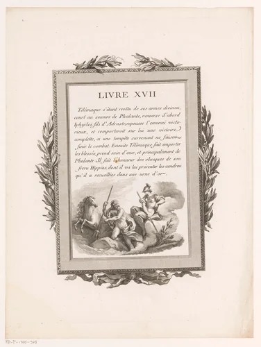 Omkaderde Franse tekst met olijftakken en Poseidon en Athena by Jean-Baptiste Tilliard, print, 1785