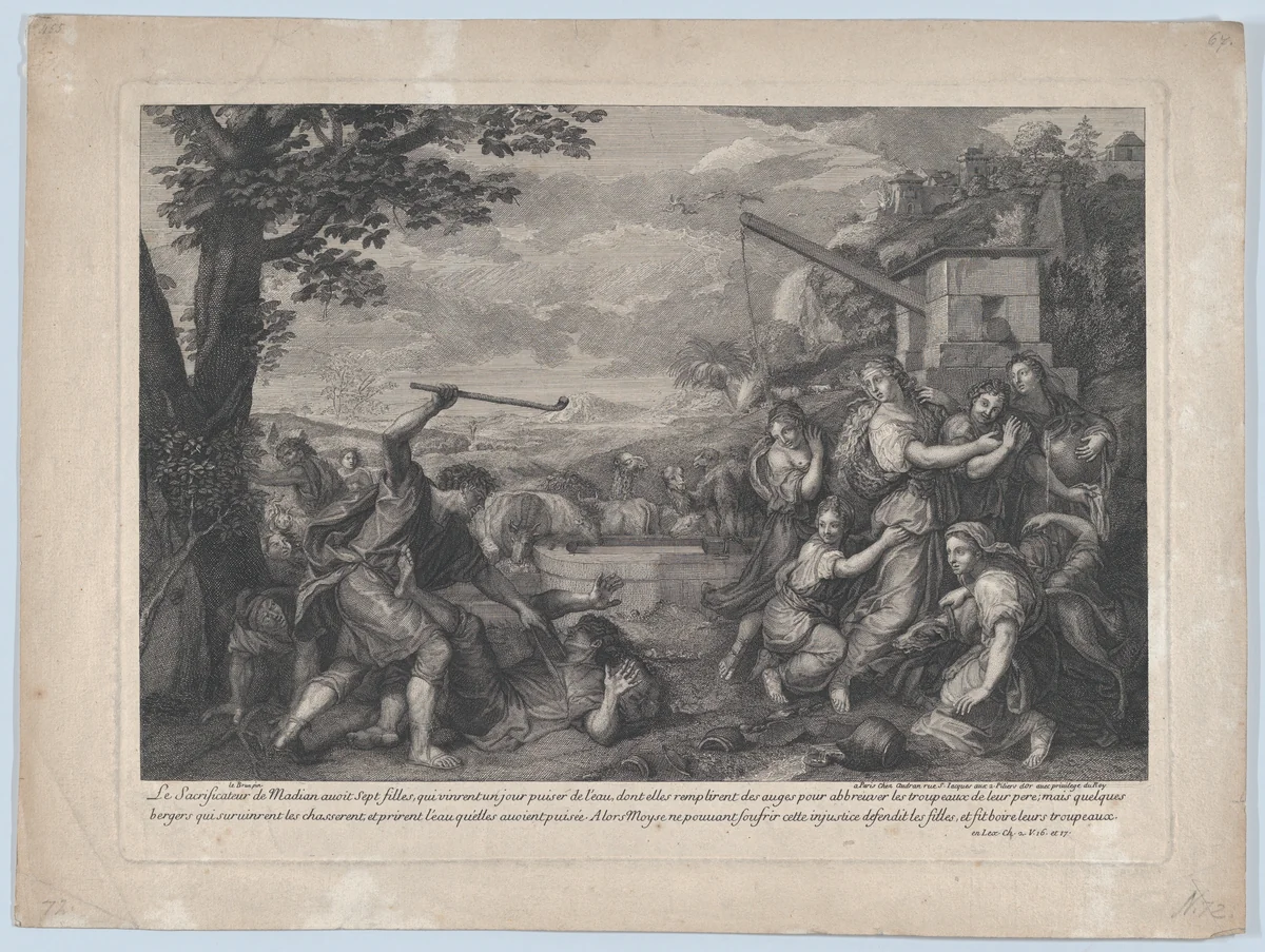 Moses Defending the Daughers of Jethro, after Le Brun by Jean Audran, print, 1686-1701