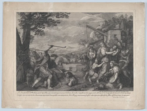Moses Defending the Daughers of Jethro, after Le Brun by Jean Audran, print, 1686-1701